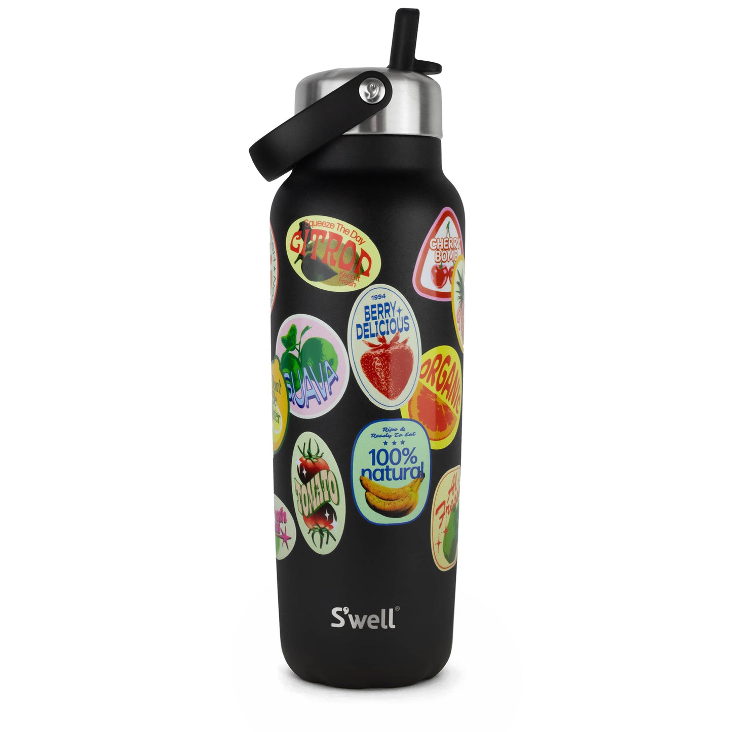 explorer-with-flip-straw-lid-40oz-n6 01_Swell_Fruit_Stand_Stamp_Pattern_Onyx_Black_Front.jpg